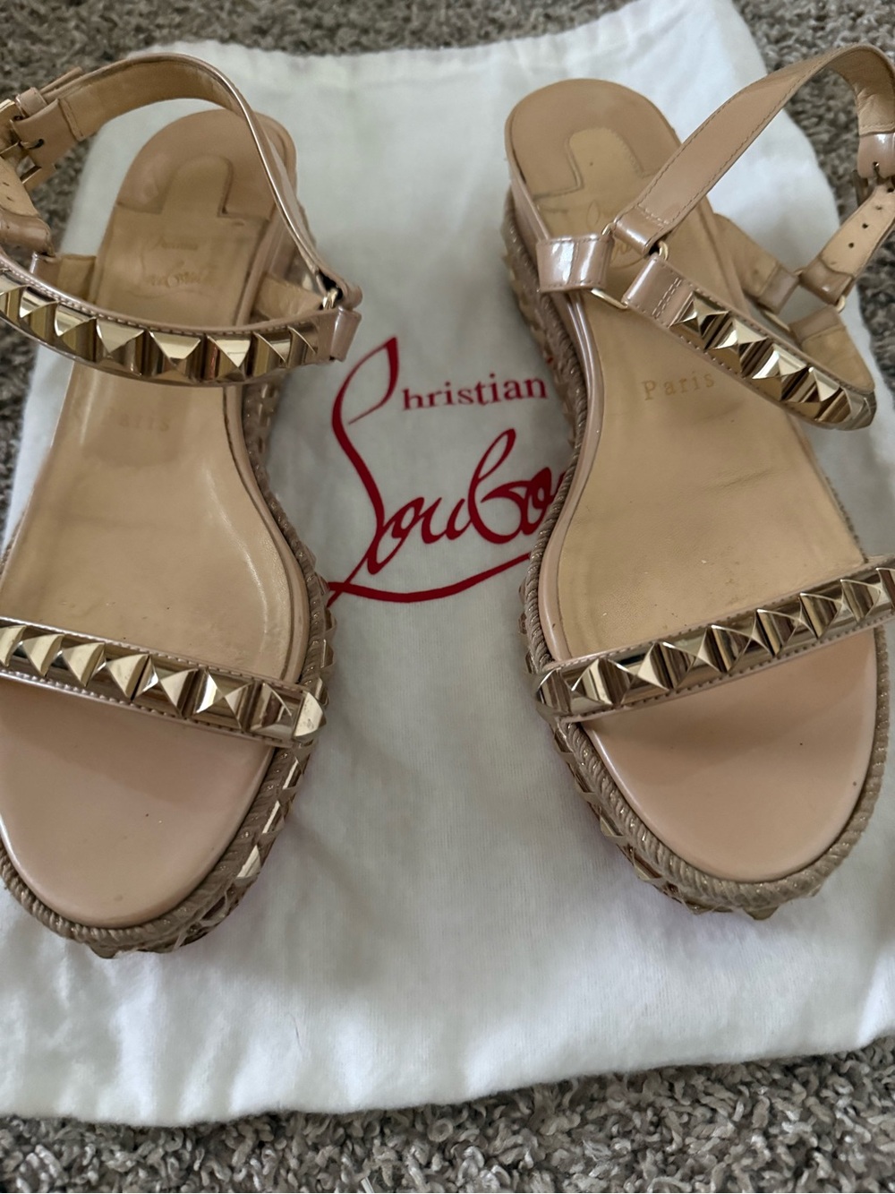 Christian Louboutin Nude Patent Leather Studded Espadrille Sandals 38 - Picture 3 of 10